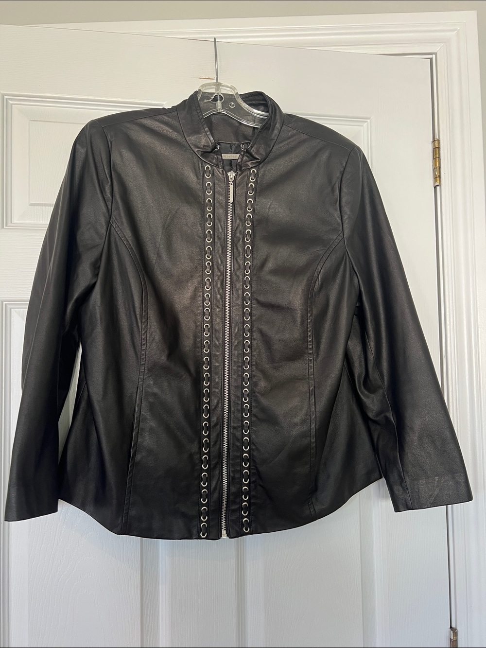 Allison Daley faux Black Leather Jacket with Grommet Trim